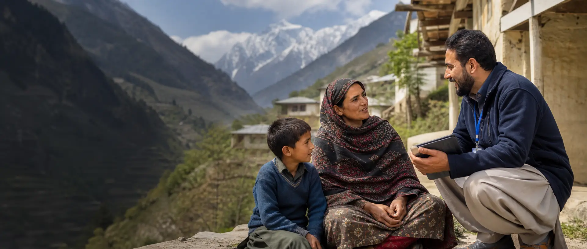 Futurism Foundation representative speaking with a family in a mountain community
