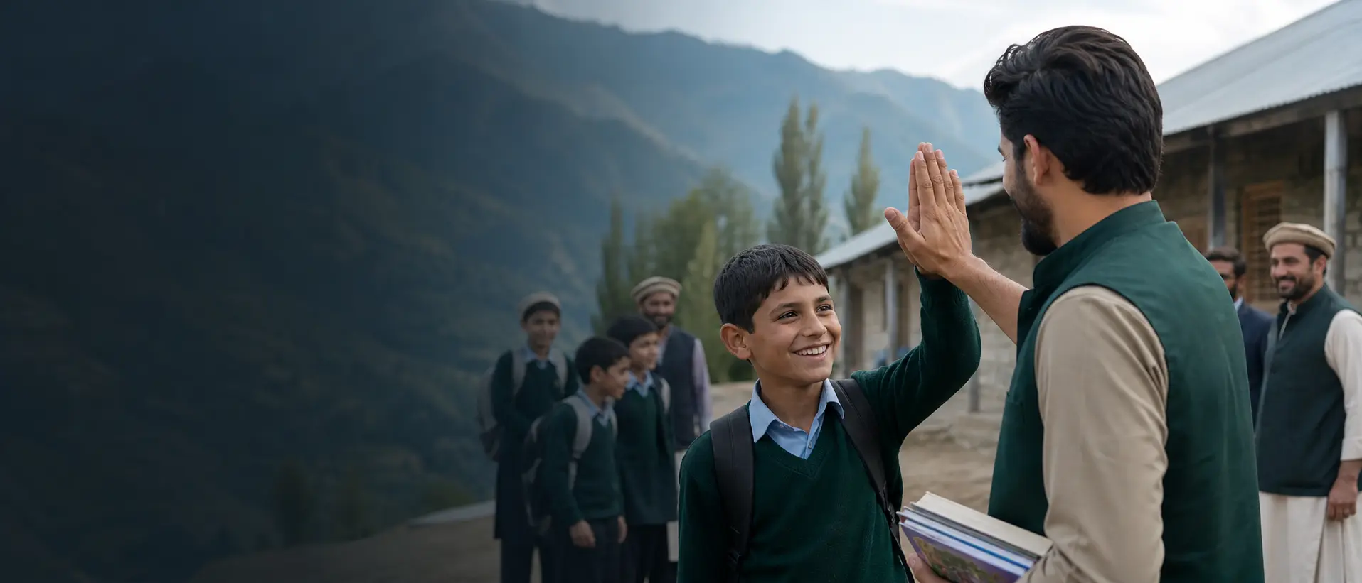 A community volunteer greeting a student in northern Pakistan